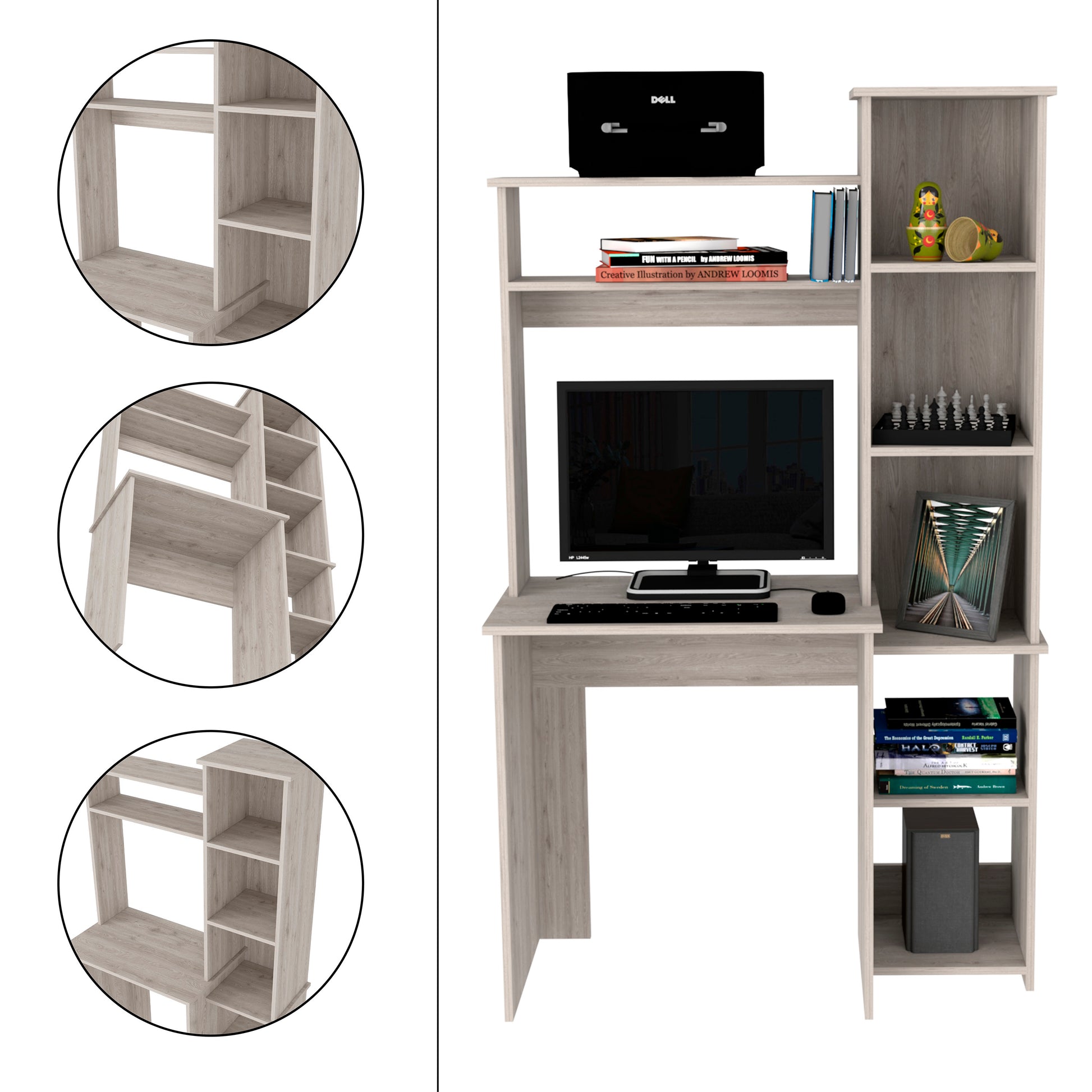 Modern grey wood finish computer desk with open shelving and hutch