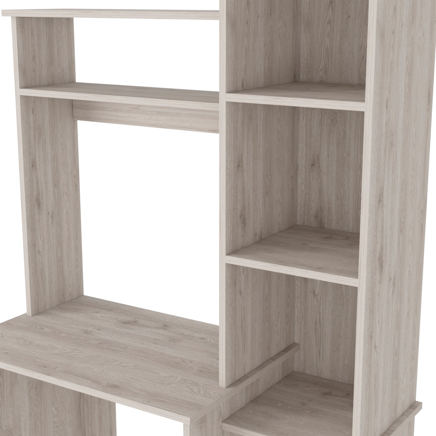 Light oak veneer desk with open shelving unit and a spacious work surface