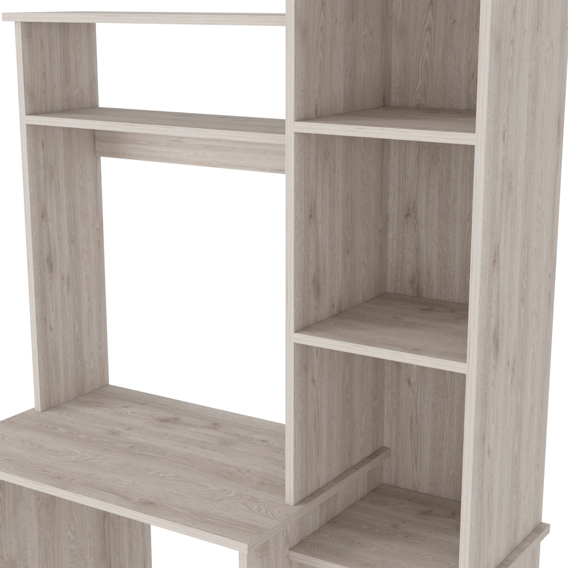Light oak veneer desk with open shelving unit and a spacious work surface