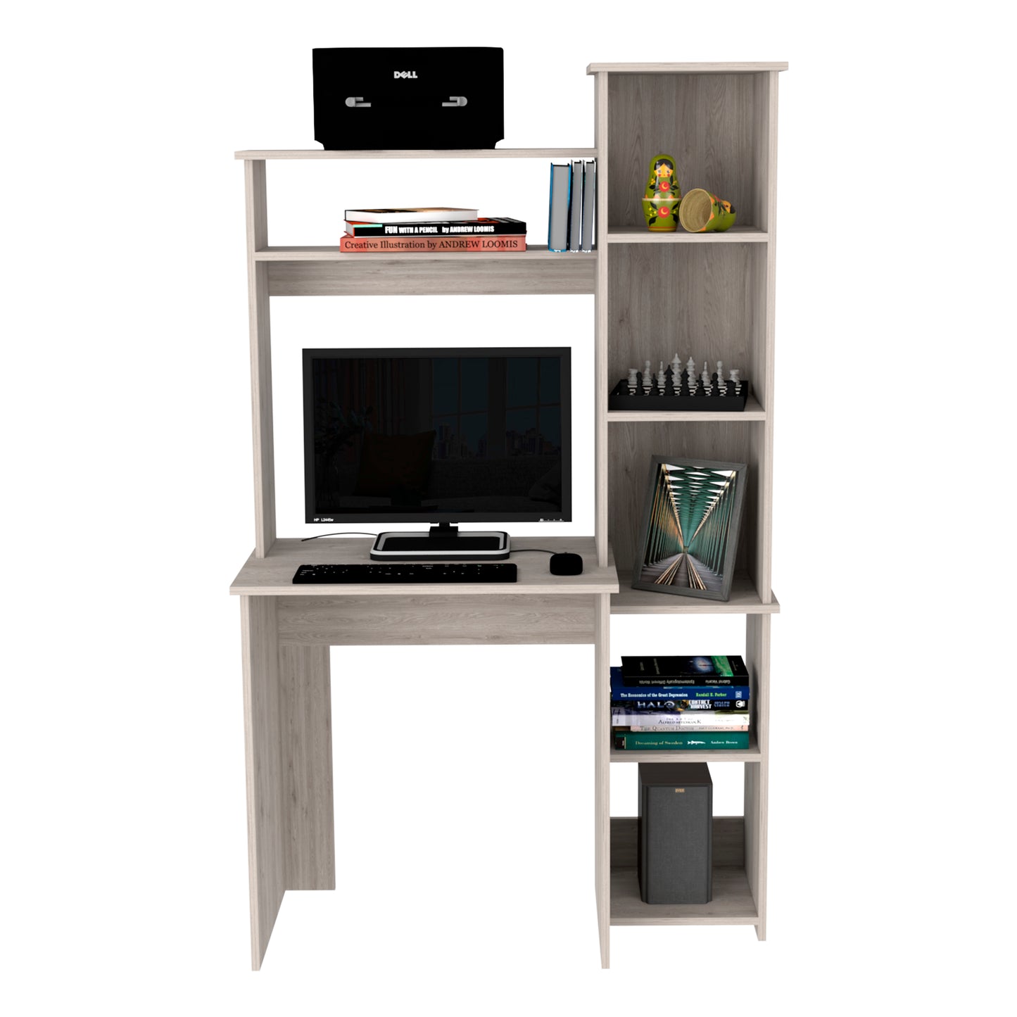 Light wood computer desk with shelves and a black Dell tower