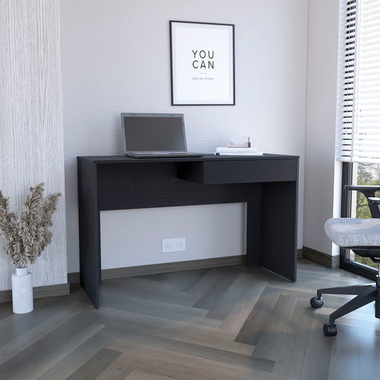 Sleek black modern desk with integrated drawer perfect for home office workspaces