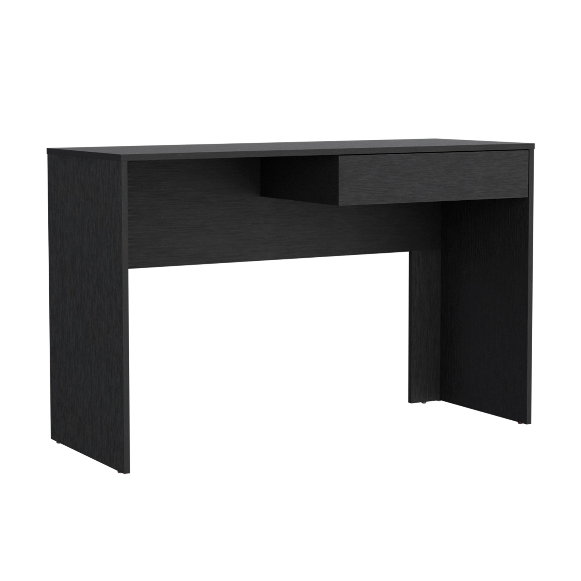 Sleek black wood grain console table with a single drawer perfect for entryway or living room dcor