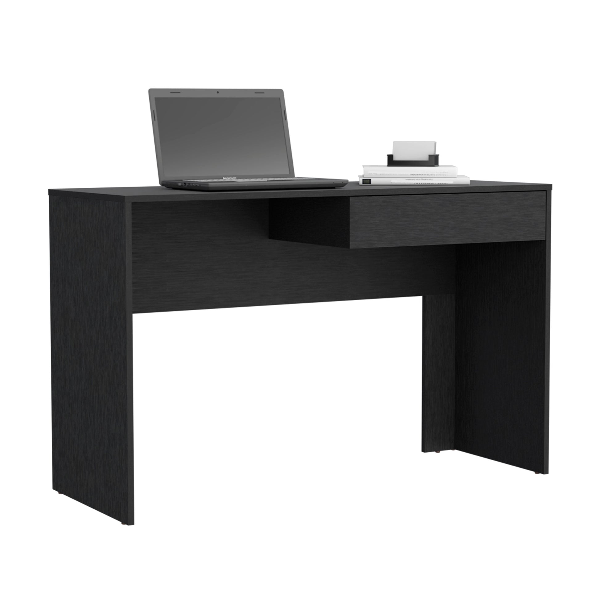Black modern desk with a laptop and books