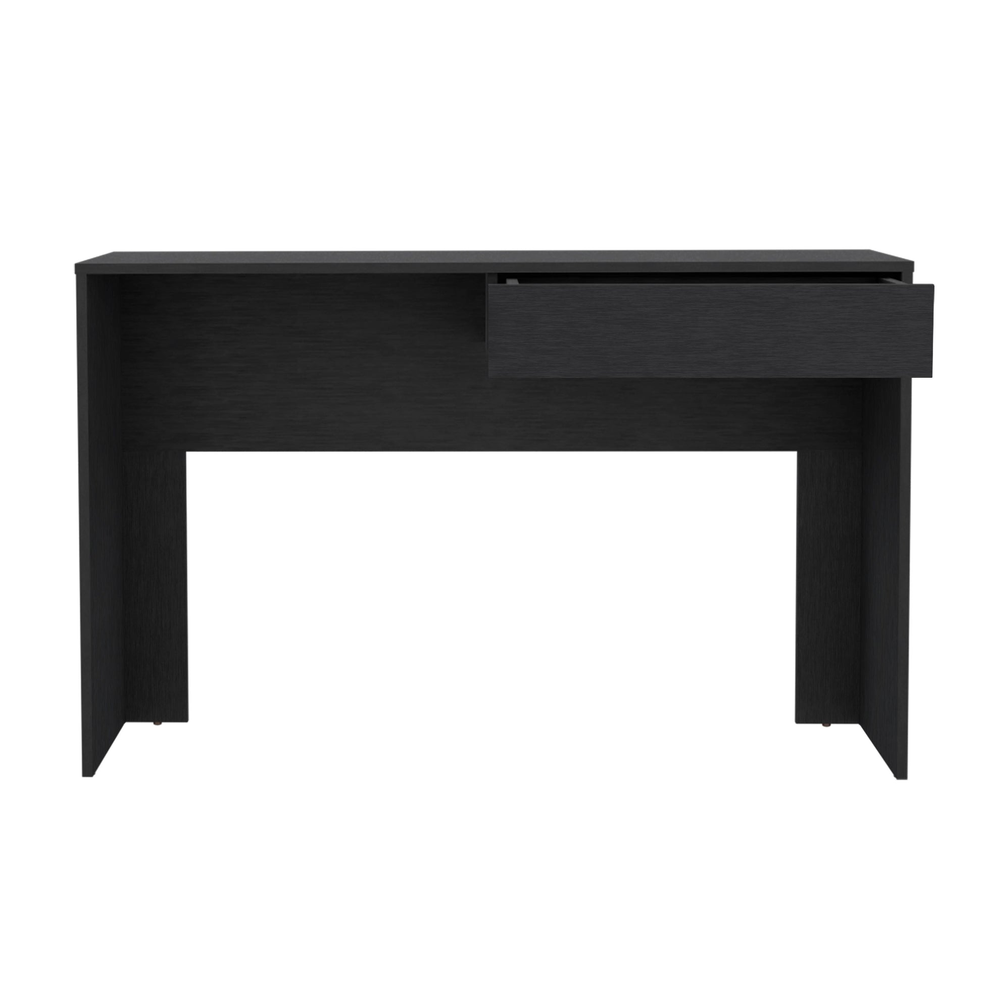 Black minimalist console table with one open drawer