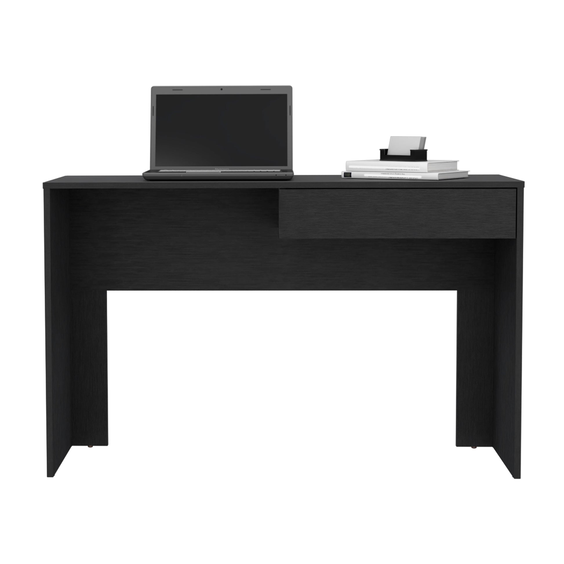 Sleek black wooden desk with a single drawer and modern minimalist design