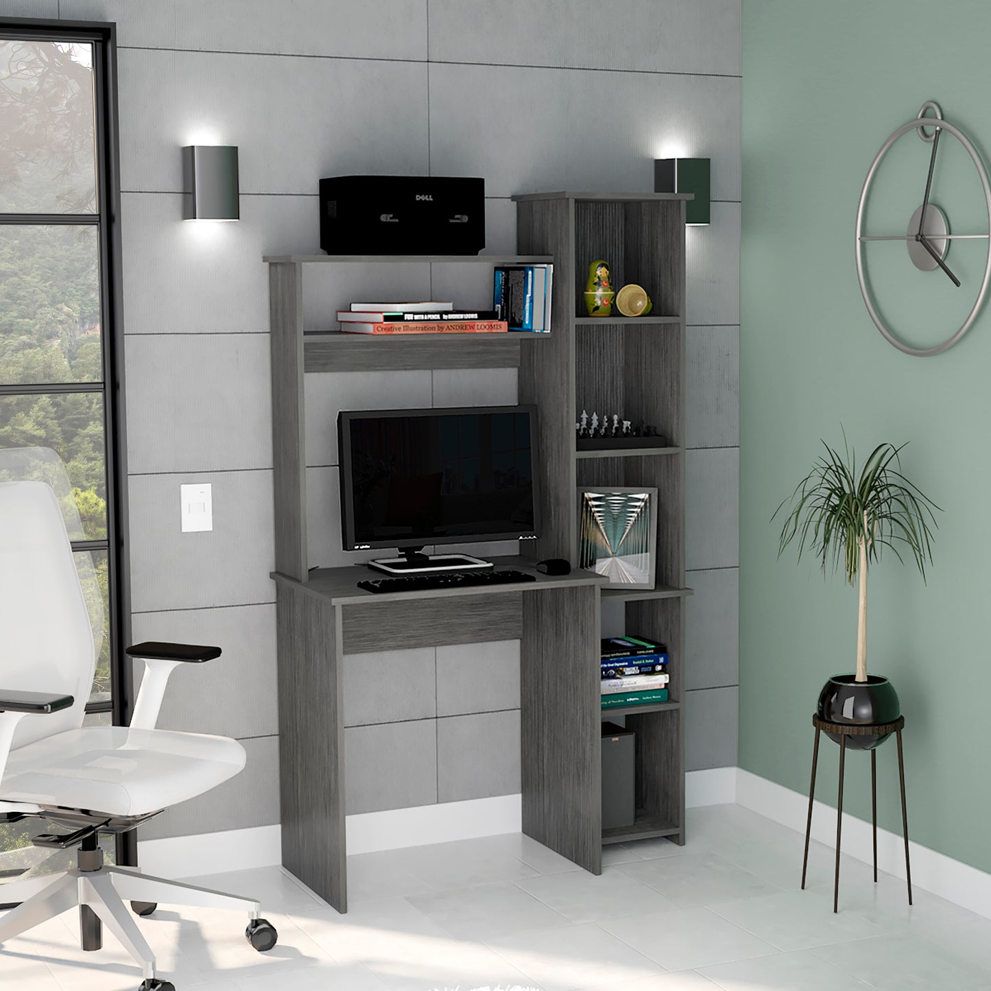 Grey computer desk with hutch and shelves perfect for a home office setup
