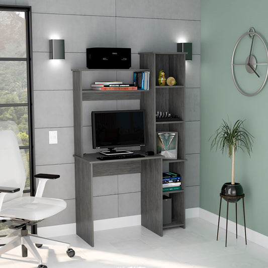 Grey computer desk with hutch and shelves perfect for a home office setup
