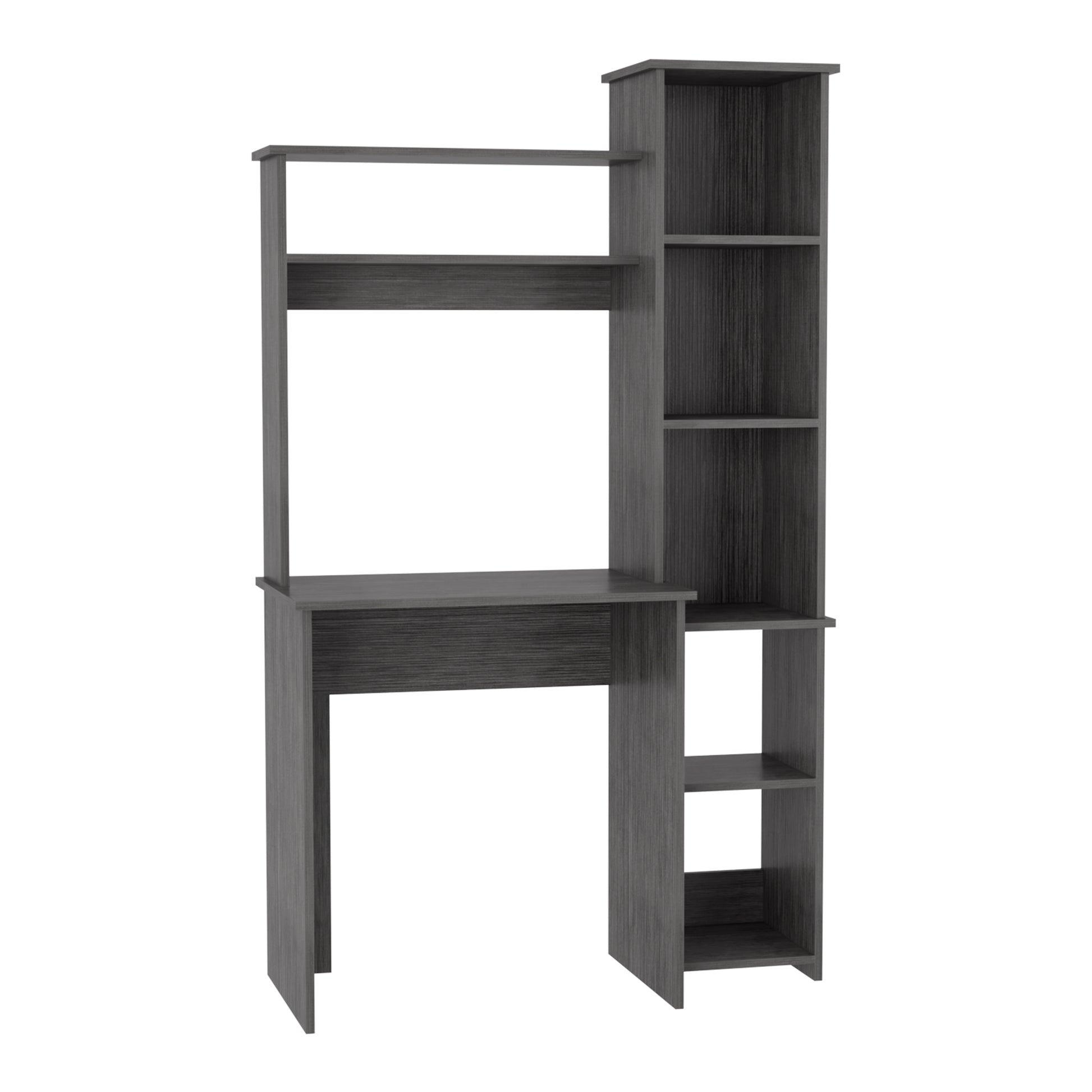 Modern grey wood computer desk with integrated shelving and hutch for home office use