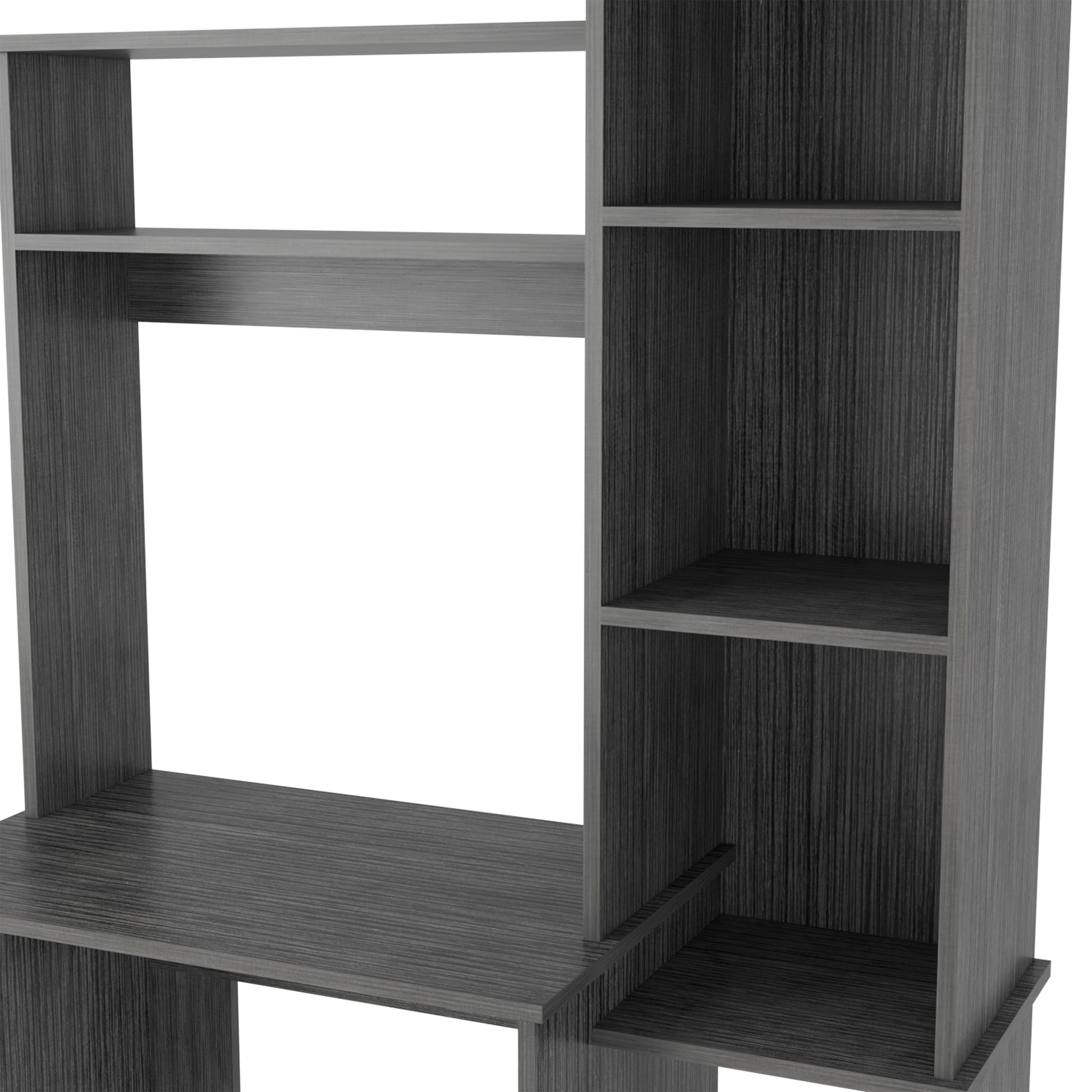 Dark gray wood grain desk with multiple shelves perfect for home office use