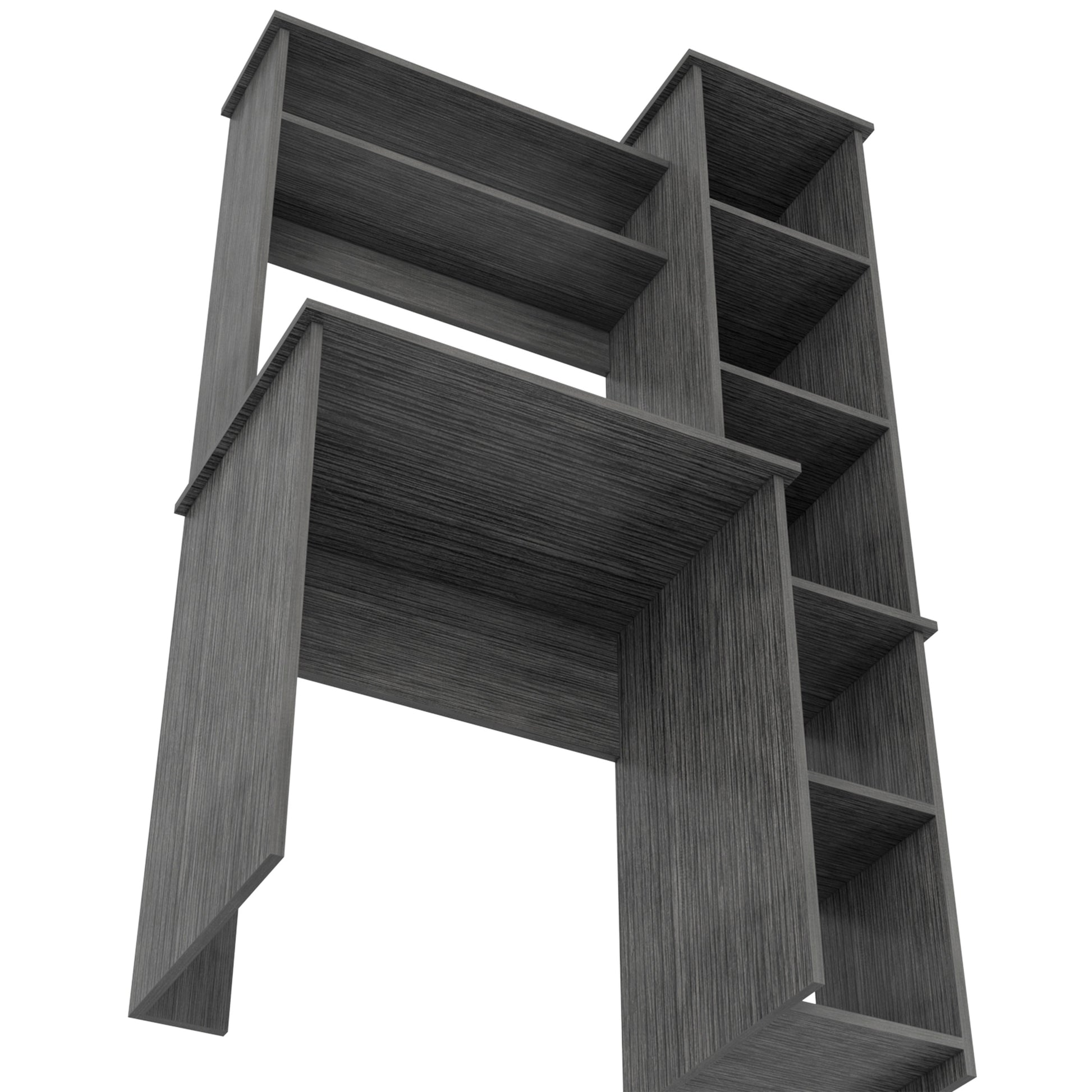 Modern gray wood computer desk with integrated shelving unit