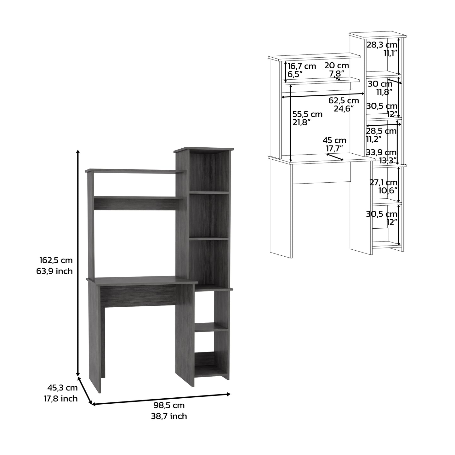 Gray laminate computer desk with multiple shelves and storage compartments for home office use