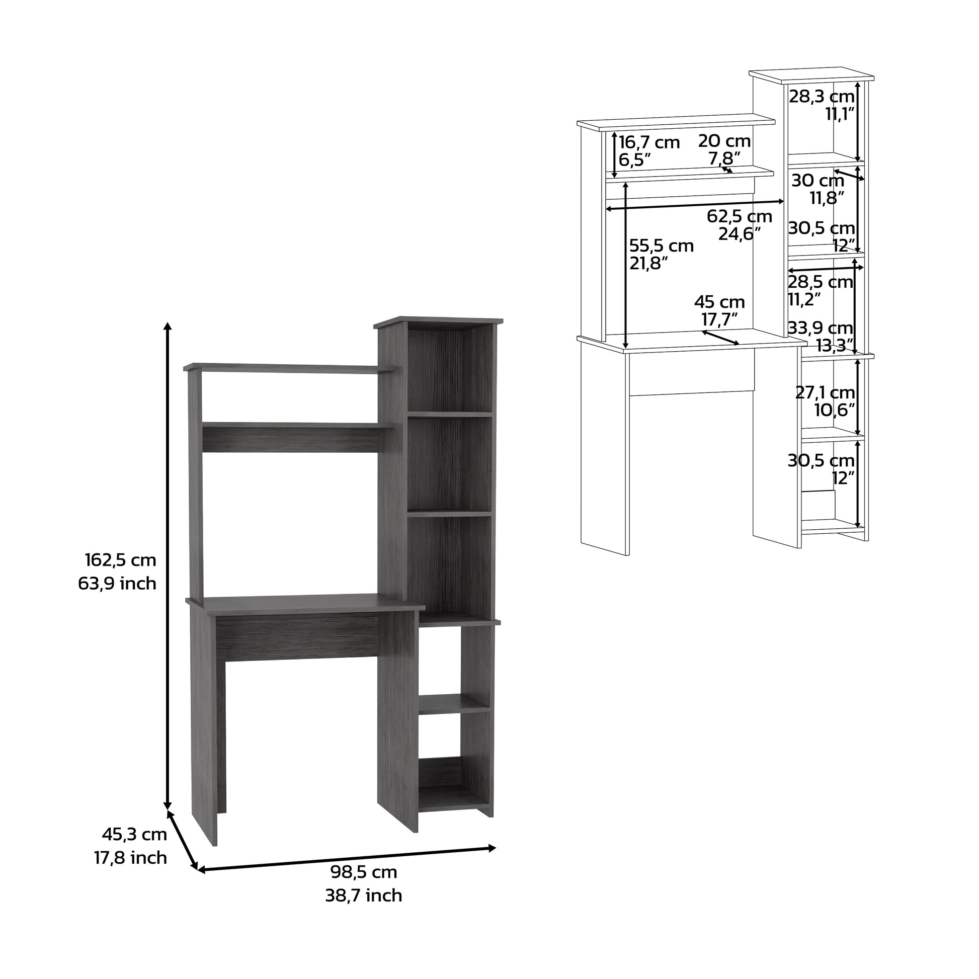 Gray laminate computer desk with multiple shelves and storage compartments for home office use