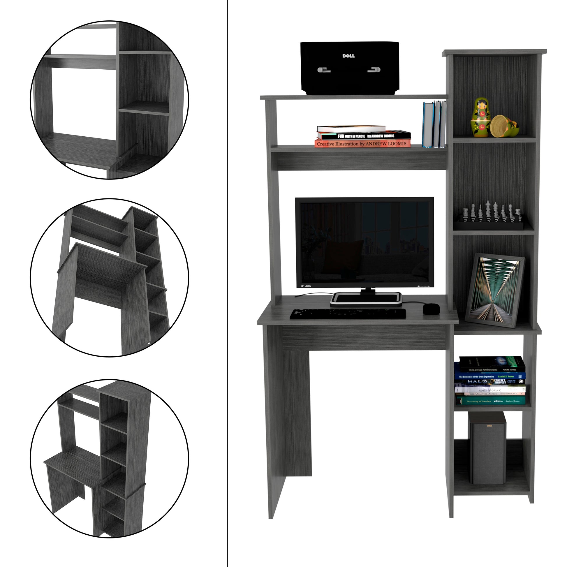 Dark grey particle board computer desk with open shelving and integrated monitor stand