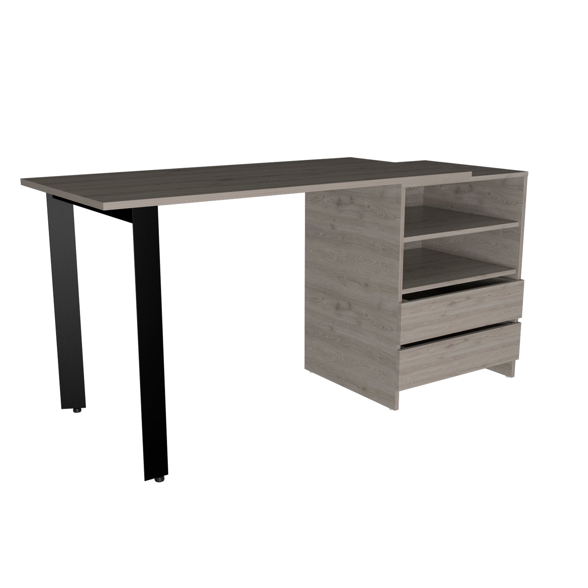 Gray wash wood desk with black metal legs and integrated shelving and drawers