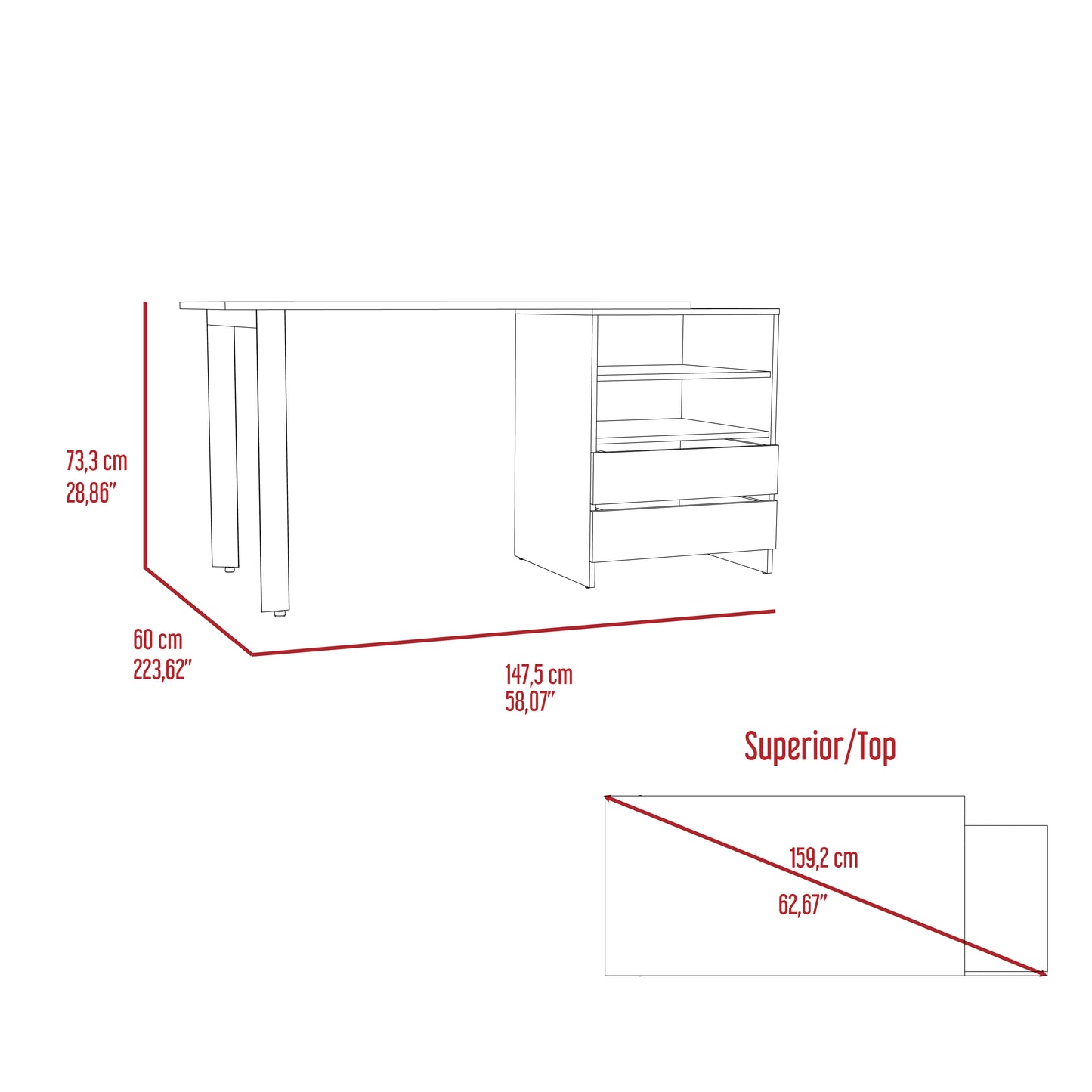 Line drawing of a modern desk with integrated shelving and drawer unit featuring dimensions