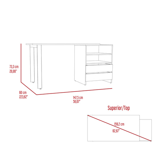 Line drawing of a modern desk with integrated shelving and drawer unit featuring dimensions