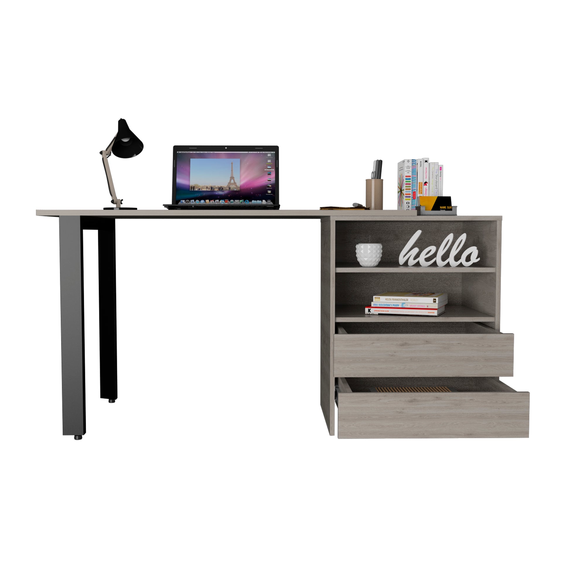 Modern grey wood computer desk with integrated shelving and drawers
