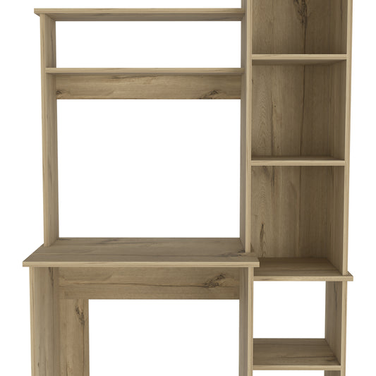 Light oak computer desk with multiple shelves for storage and a spacious work surface
