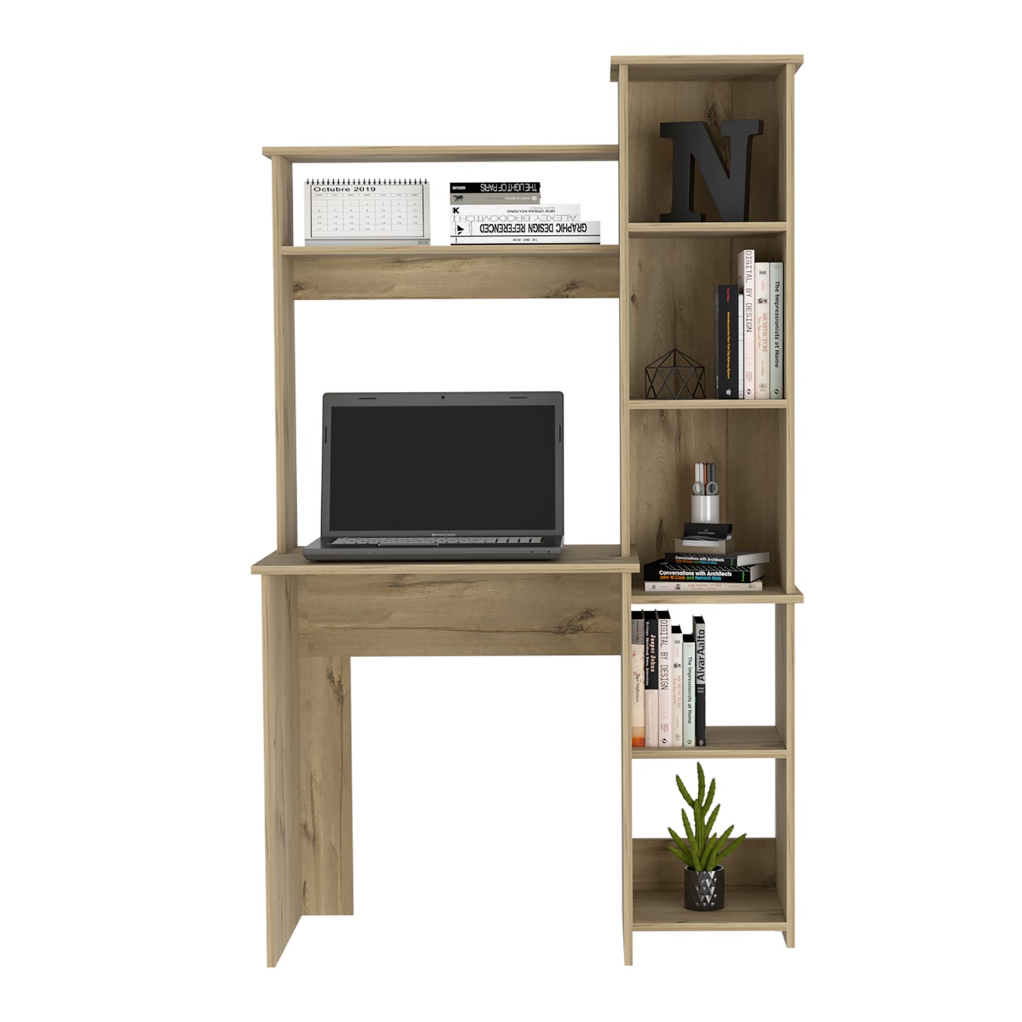Wooden desk with an integrated bookshelf and laptop perfect for home office setups