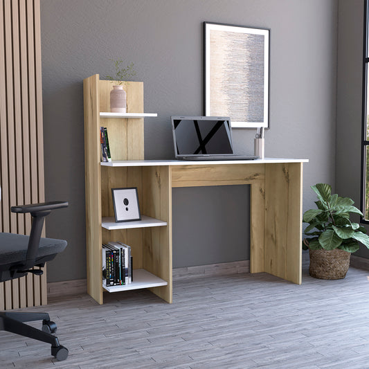 Modern oak and white computer desk with open shelving perfect for home offices