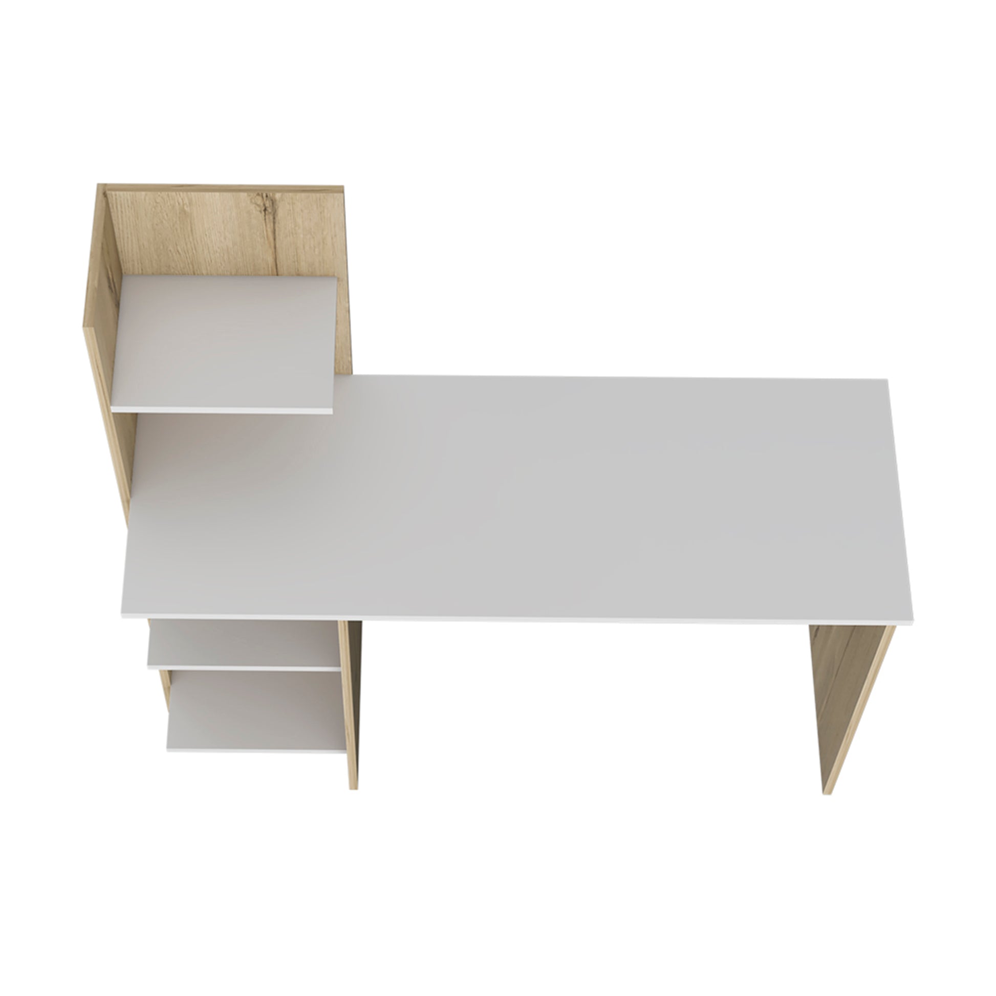 Modern white and wood computer desk with integrated shelving for home office