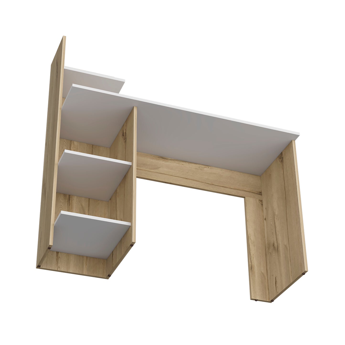 Modern white and oak wood desk with builtin shelving for home office organization