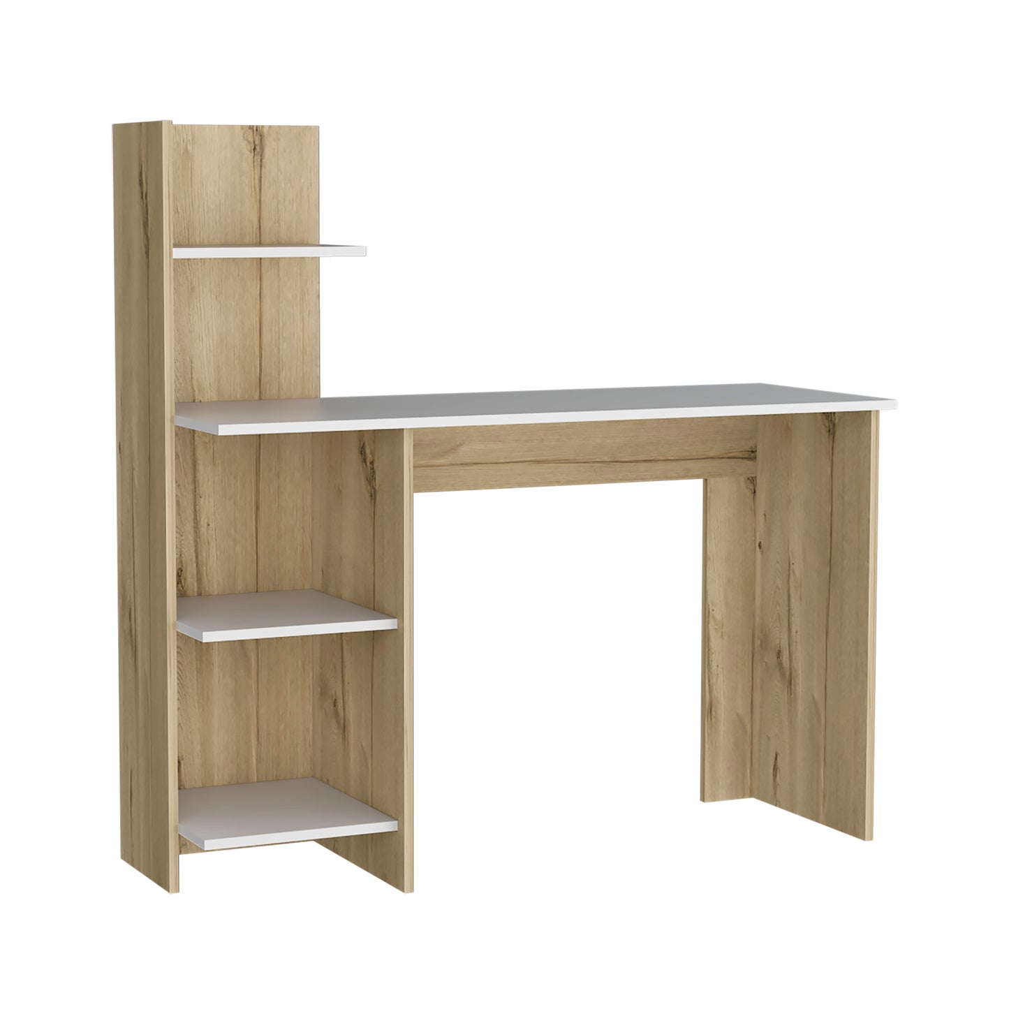 Modern light oak veneer desk with white top and integrated shelves