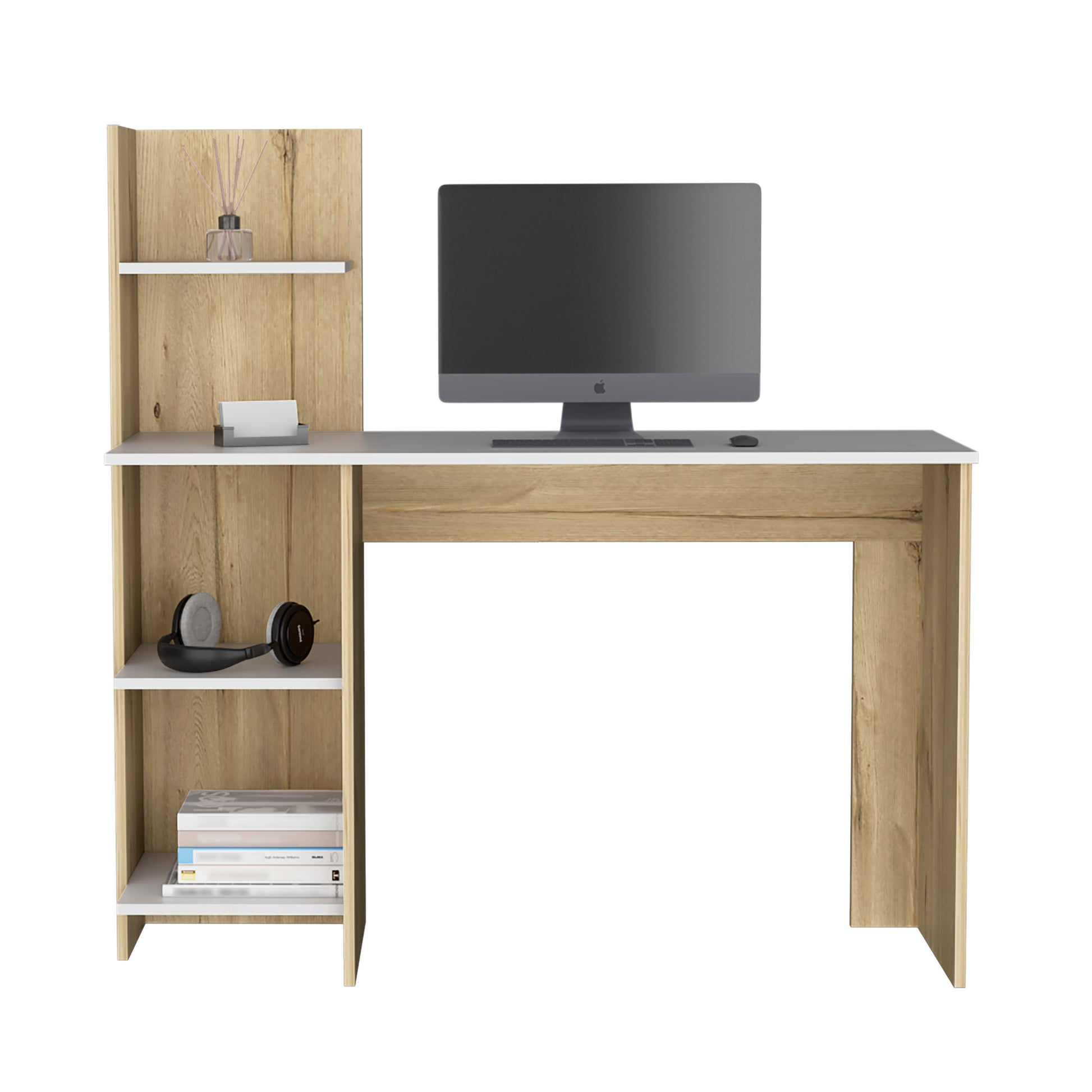 Modern wood computer desk with integrated shelving and Apple iMac