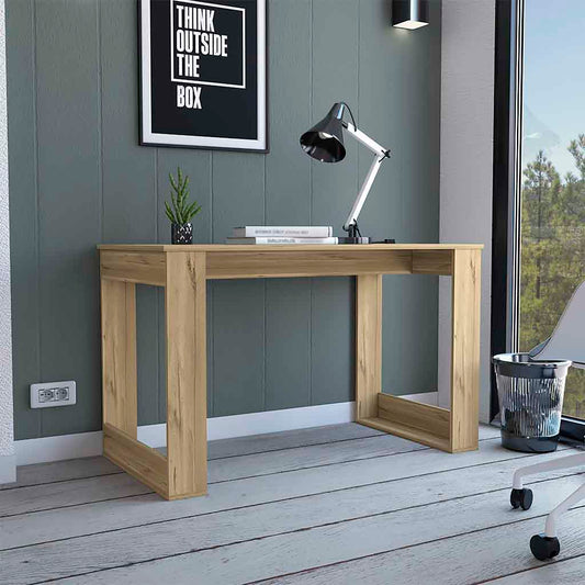 Modern wooden desk with minimalist design and oak finish ideal for home office spaces