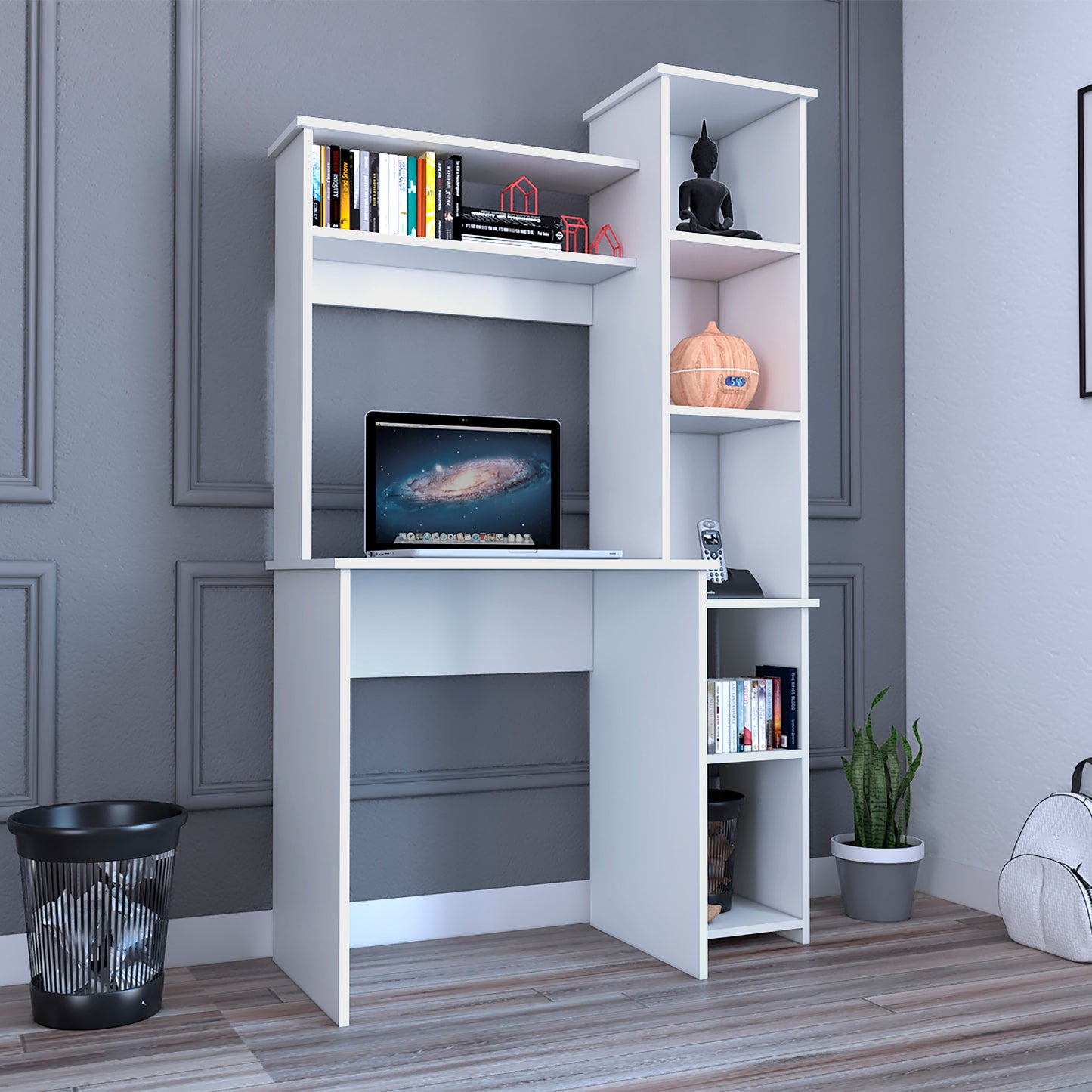 Compact white computer desk with integrated shelving and a laptop
