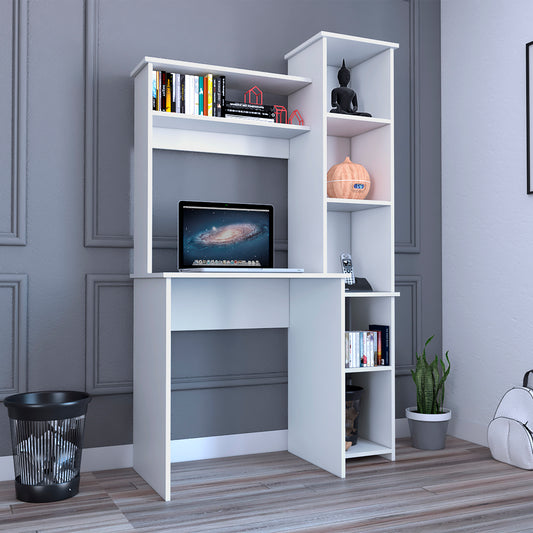 Compact white computer desk with integrated shelving and a laptop