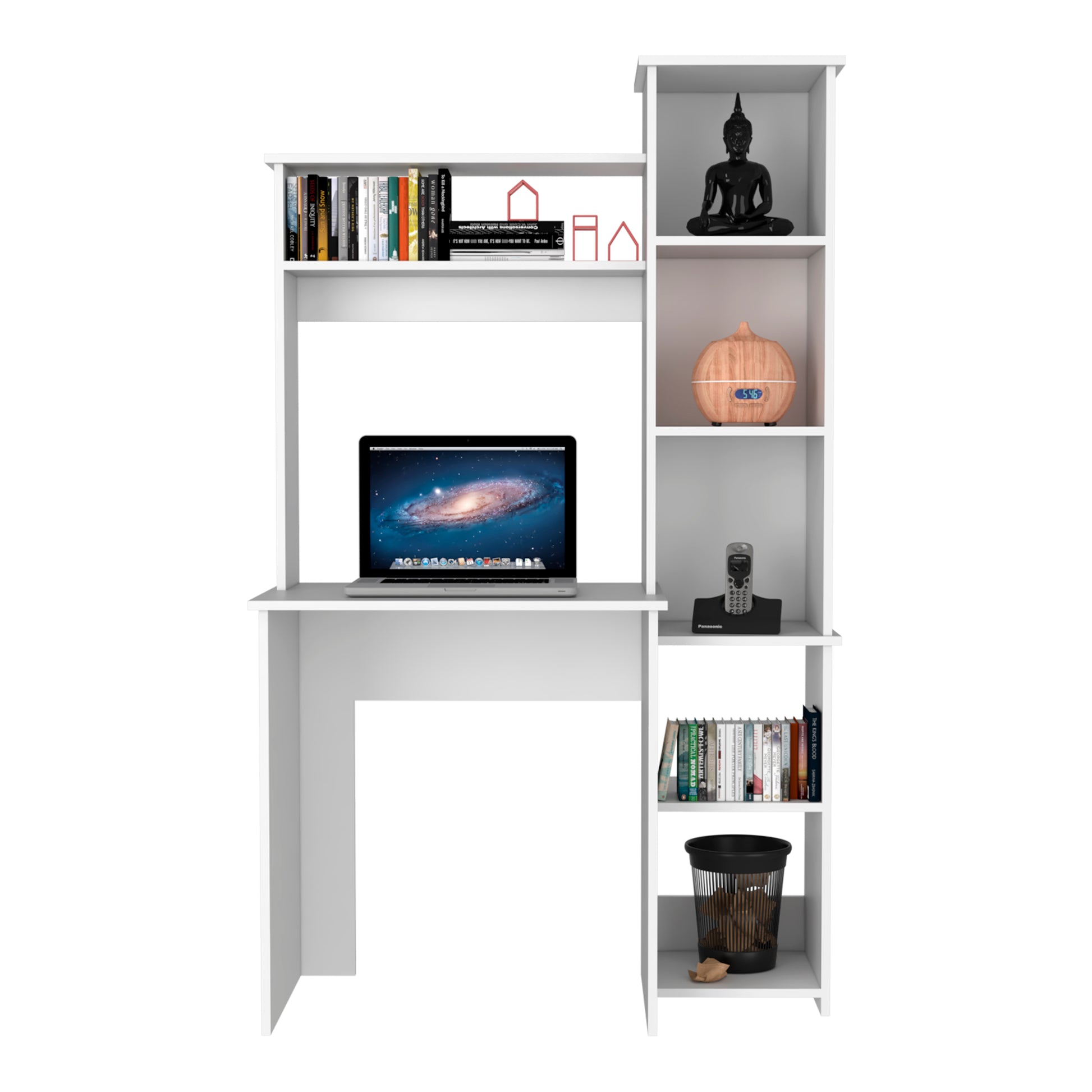 White modern desk with shelves holding a laptop and books