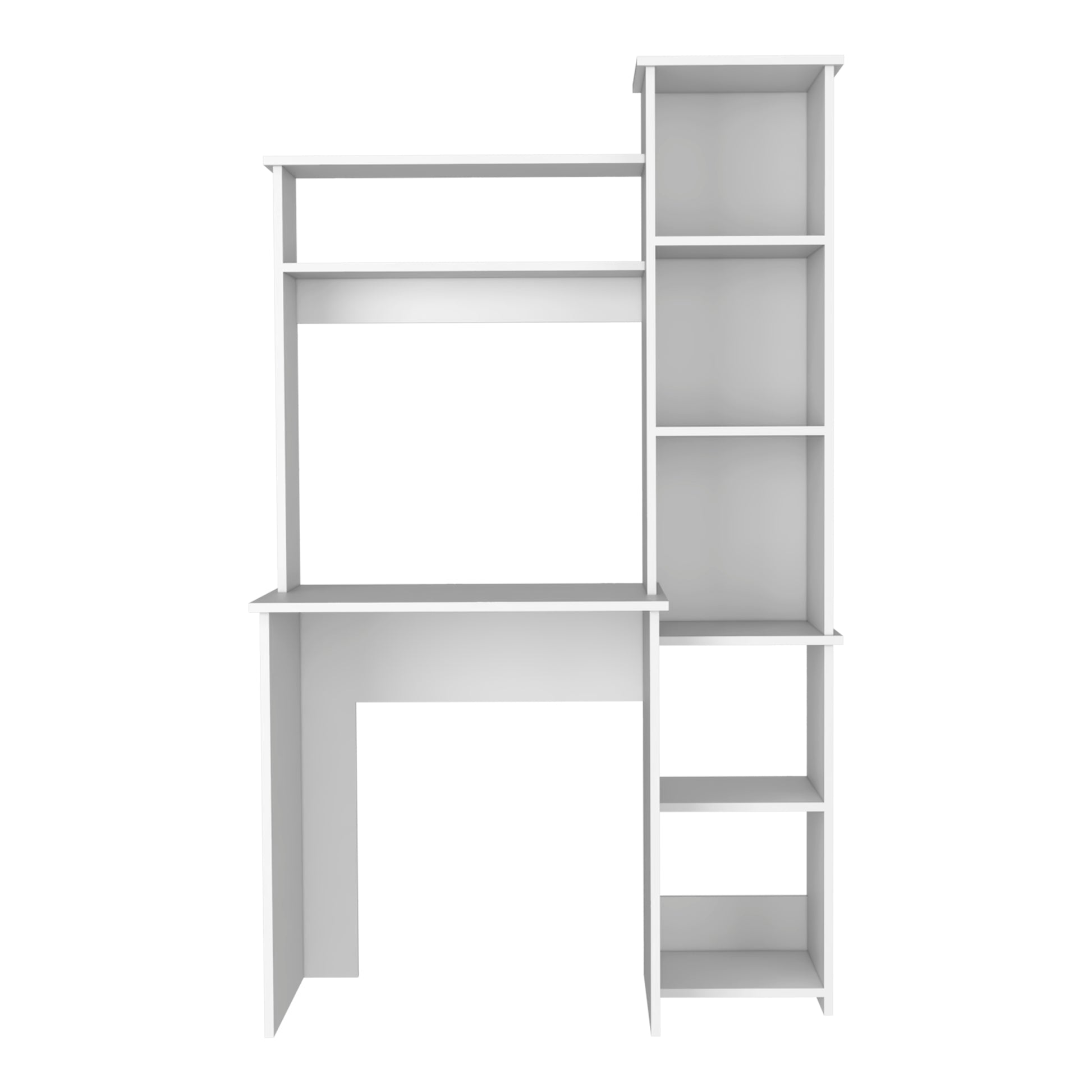White modern computer desk with attached shelving unit for home office