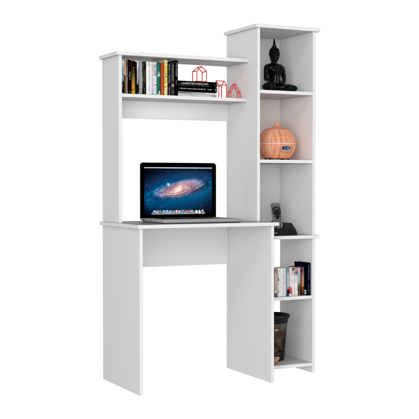 White modern computer desk with integrated shelving unit and laptop