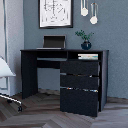 Black modern computer desk with three drawers and open shelving ideal for home office