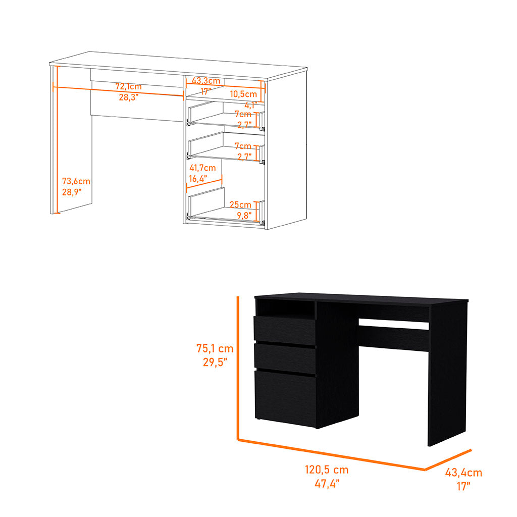 Modern black desk with three drawers and open shelving perfect for a home office