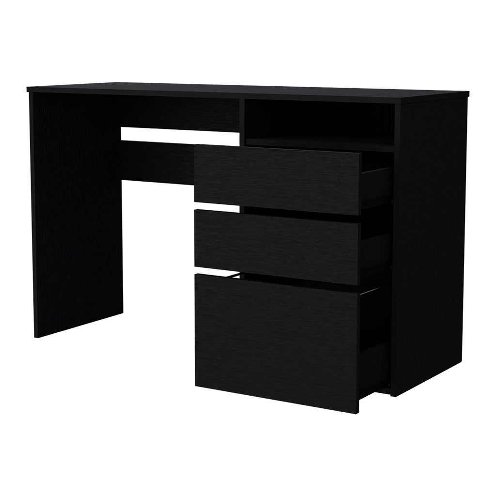 Sleek black writing desk with four drawers and an open shelf for minimalist home office setups