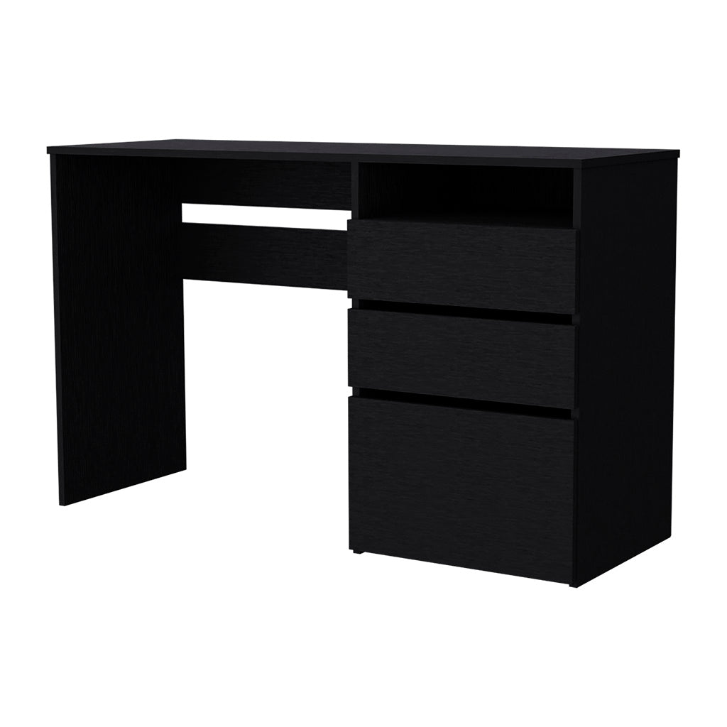 Black modern desk with three drawers and an open shelf