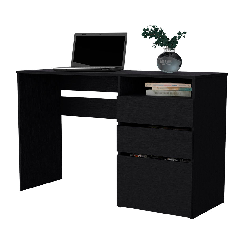 Black modern desk with laptop and three drawers