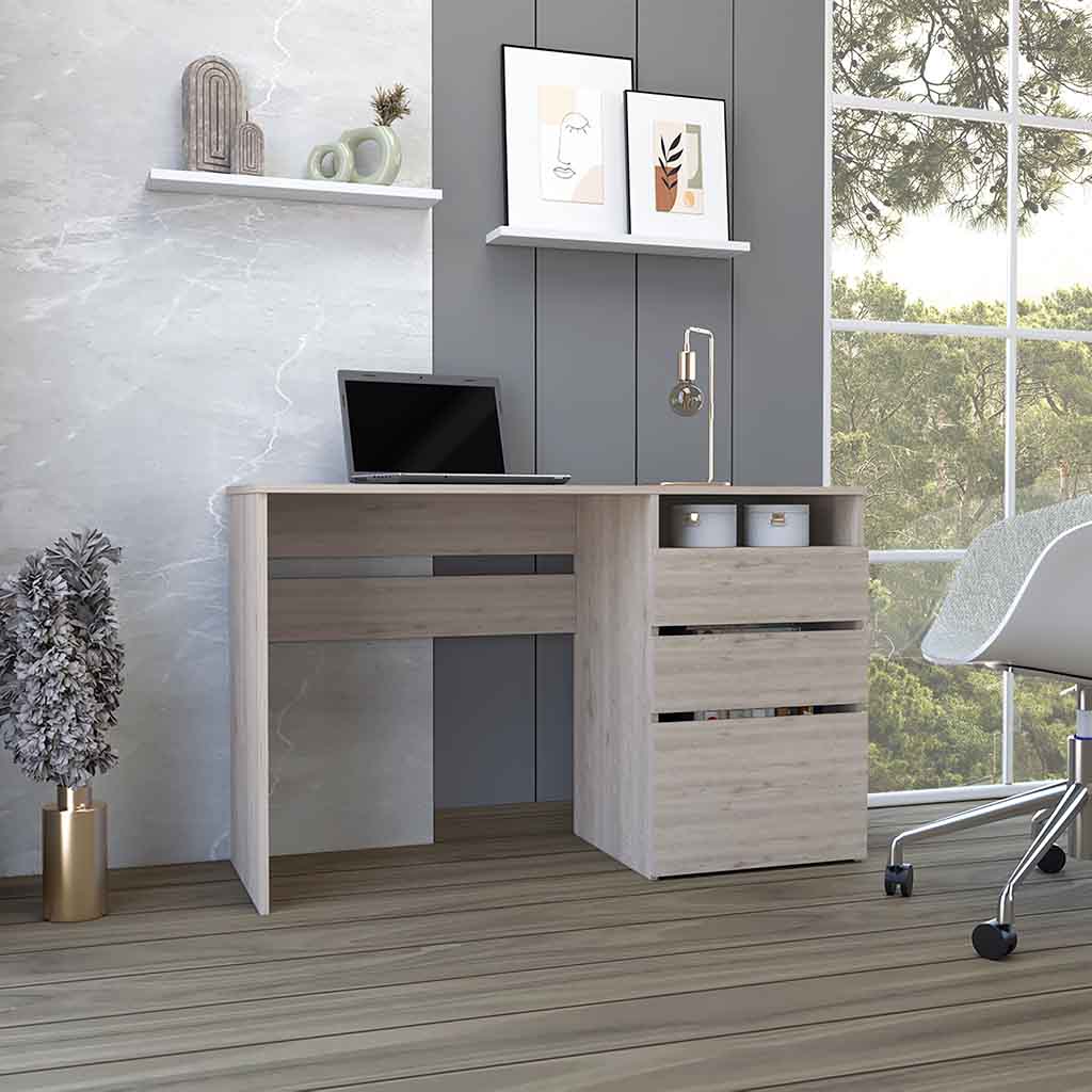 Light wood desk with open shelf and three drawers perfect for home office organization