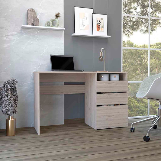 Light wood desk with open shelf and three drawers perfect for home office organization