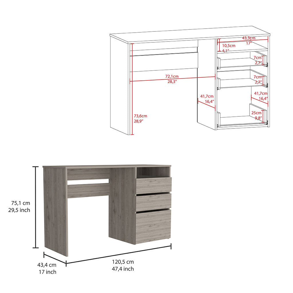 Gray oak wood desk with three drawers and open shelving Dimensions provided