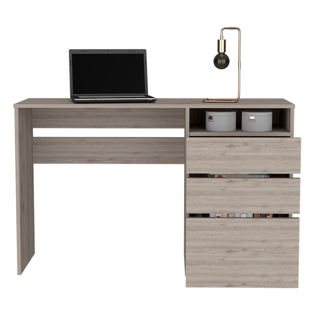 Modern wood grain desk with laptop and gold lamp