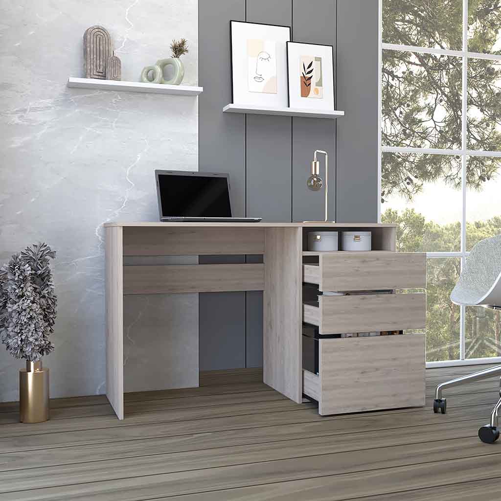 Light oak writing desk with three drawers and open shelving perfect for home office setup