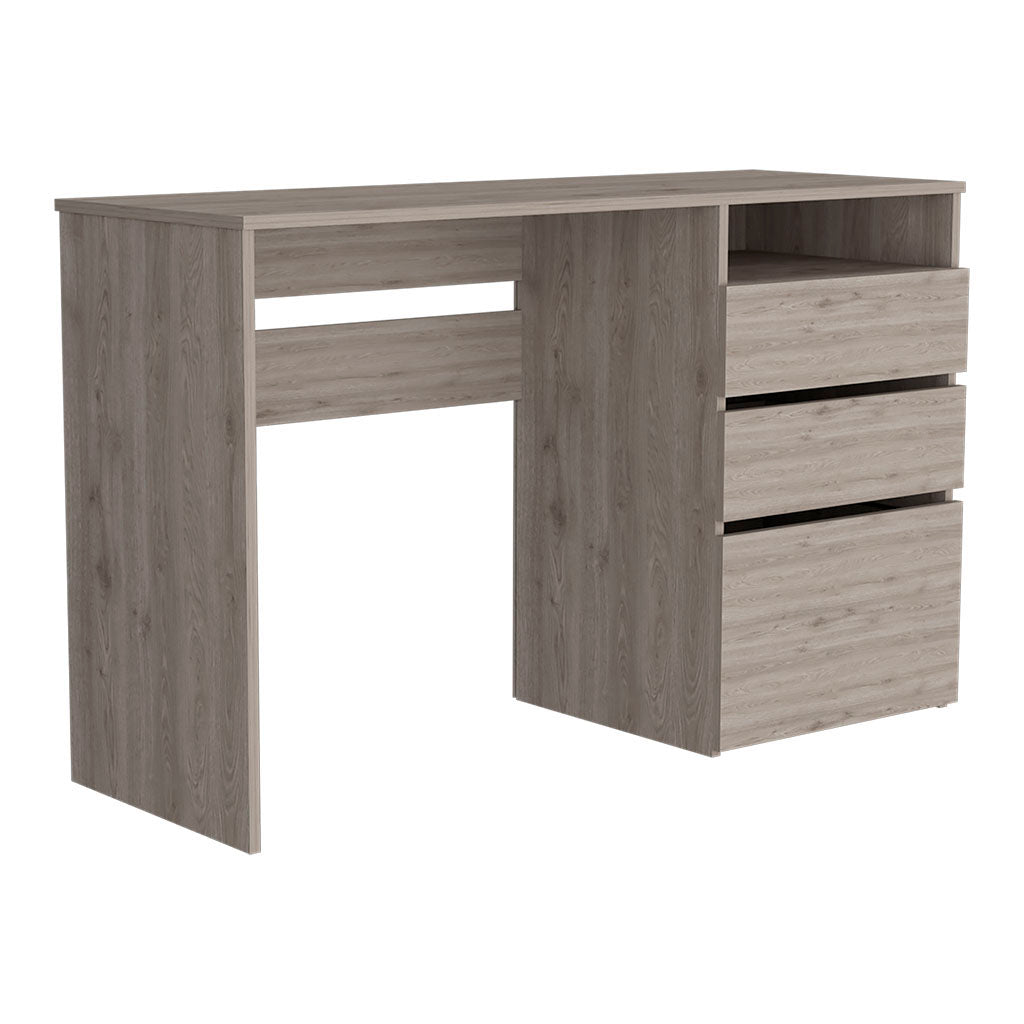 Modern oak veneer writing desk with three drawers and open shelving