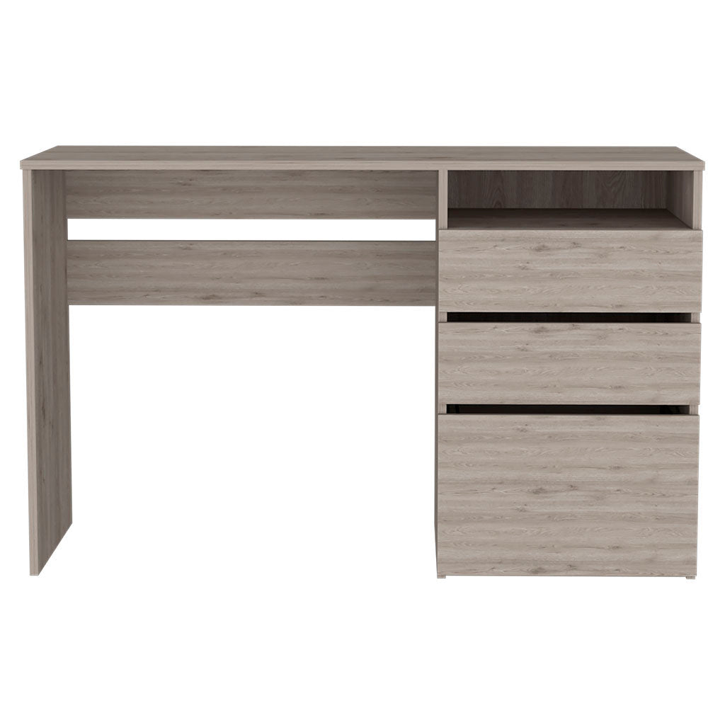 Light oak laminate desk with three drawers and open shelving