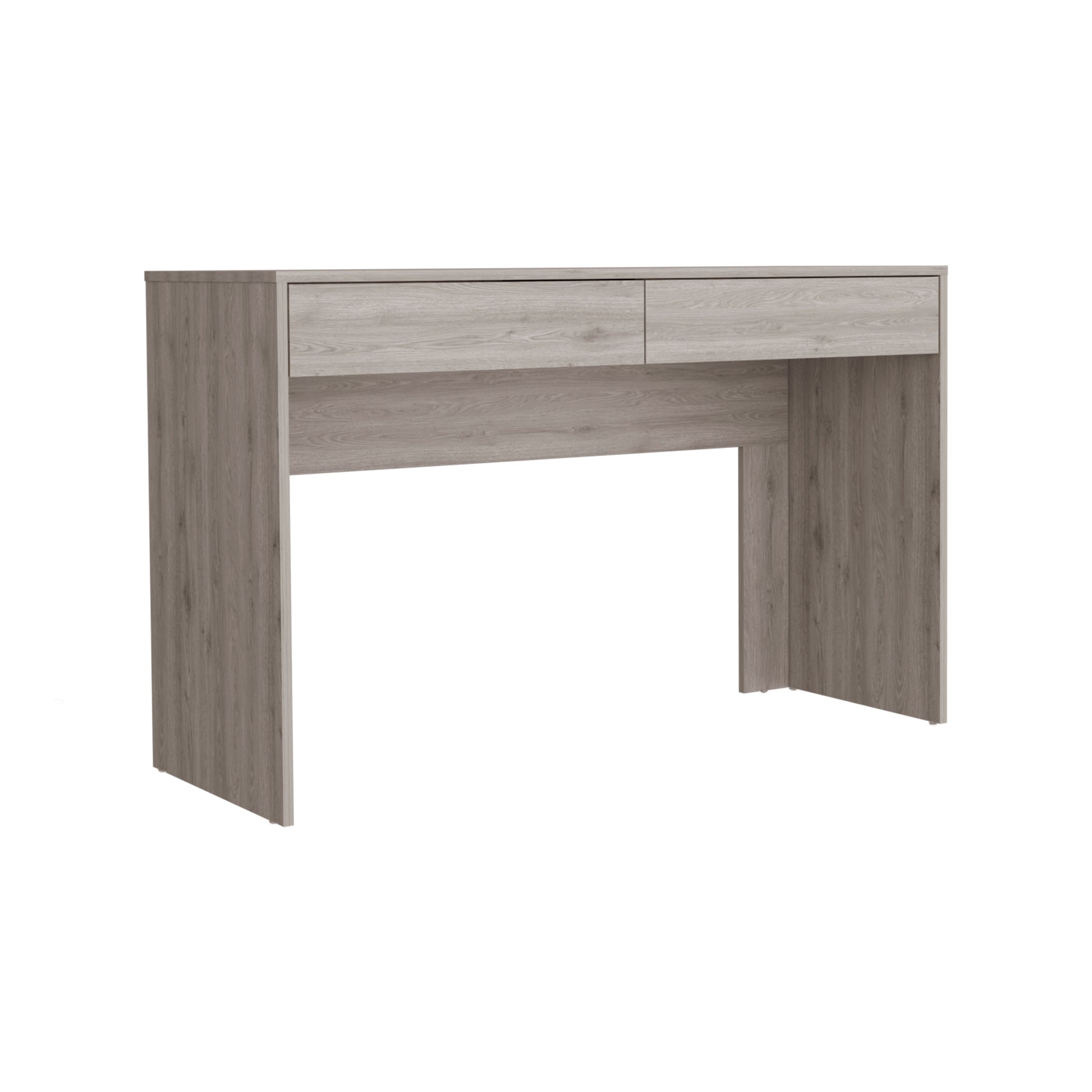 Grey wood grain console table with two drawers and modern design