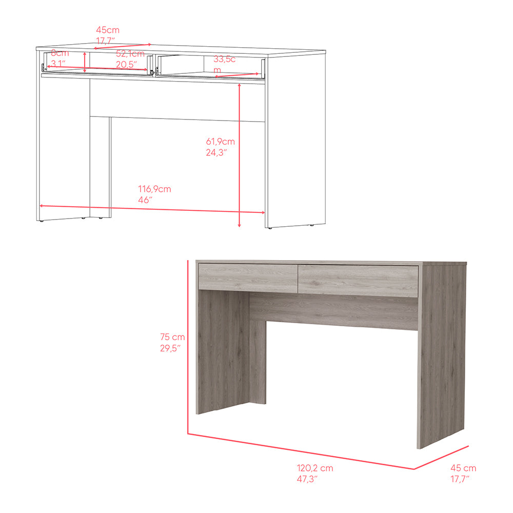 Gray wood effect modern desk with two drawers and open shelf storage
