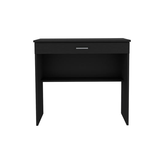 Modern black console table with single drawer and open shelf