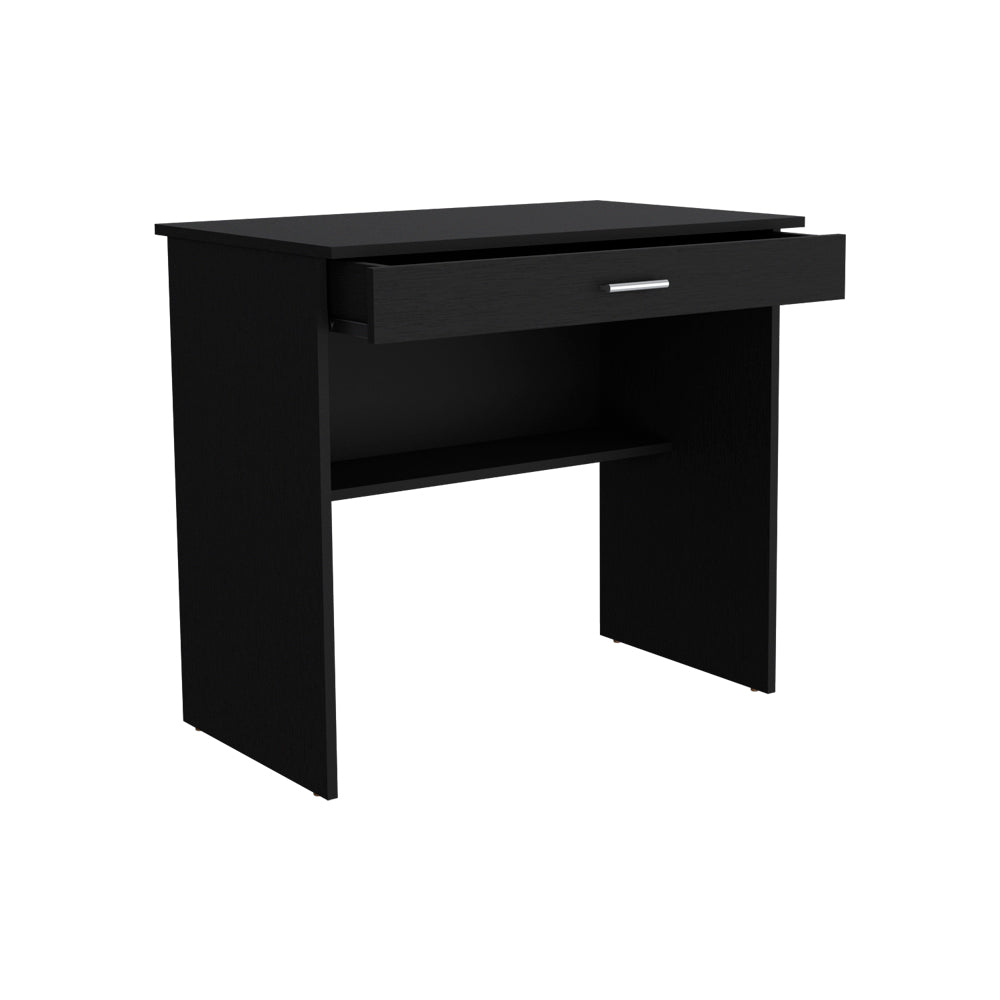 Sleek black desk with open drawer and open shelf for modern home office setup